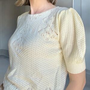 Vintage 80s Jolie Cream Crochet Knit Puff Sleeve Top Small